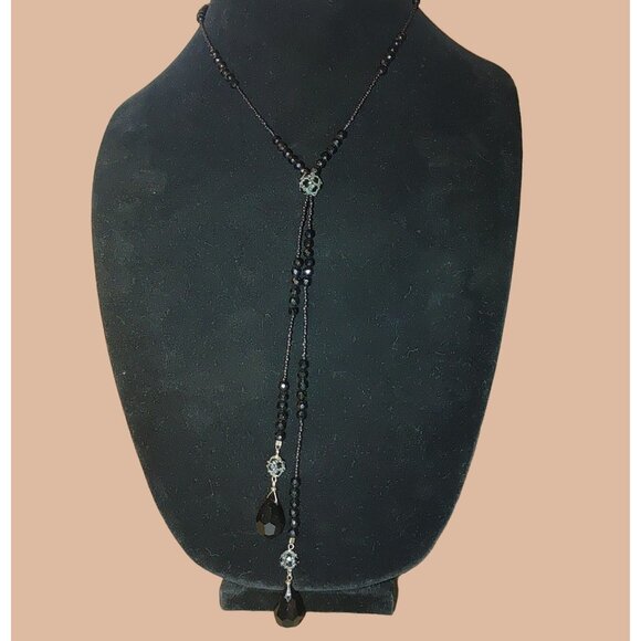 925 Tassels Black Faceted Beaded Necklace Mourning Vintage Victorian Jet Glass